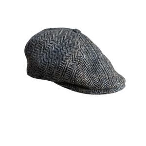 Harris Tweed Herringbone Newsboy Cap Bates 1898 US 7 1/2 Wool Hat Gray Black